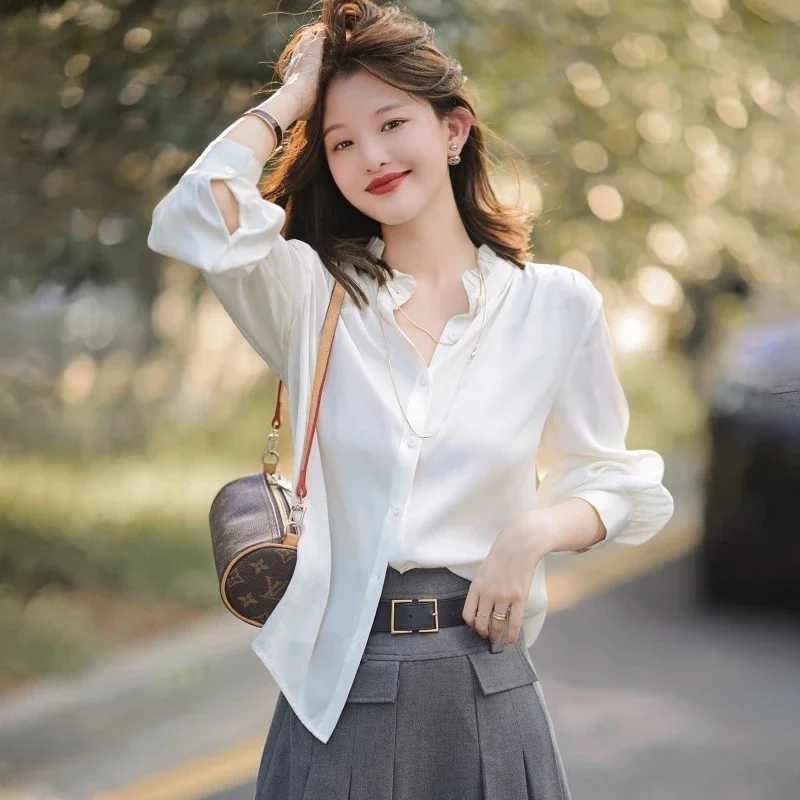 

Vintage Women's Blouses Chiffon Casual Shirts Fashion Loose Summer Korean Clothing Long Sleeved Solid Color Women Tops