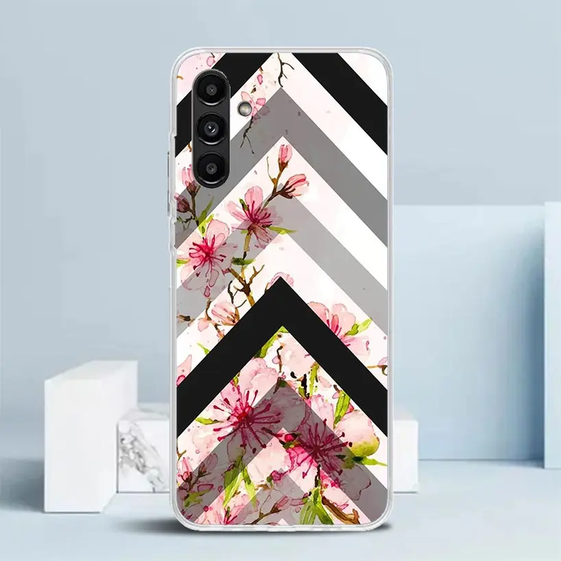 Black White Stripes Flower Phone Case For Samsung Galaxy A15 A14 A13 A12 A55 A54 A53 A52 A35 A34 A33 A32 A25 A24 A23 A22 A04S A0 image 3