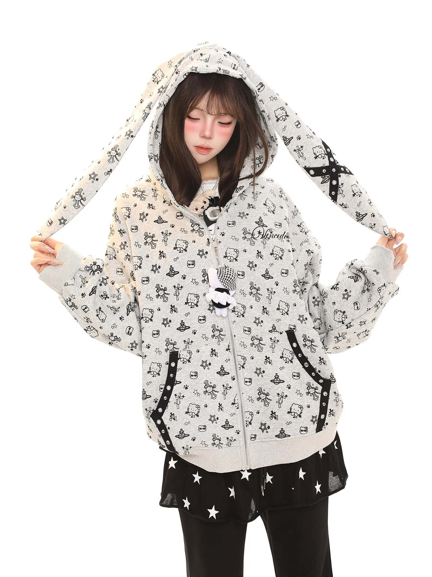 

Женский легкий свободный кардиган с капюшоном и мультяшным принтом, весенняя молодежная верхняя одежда в стиле бойфренд, антивозрастная