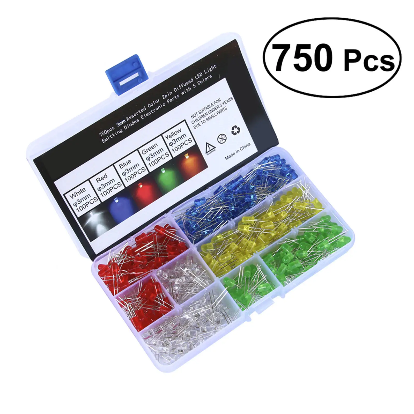750Pcs LED Light Emitting Diodes 3Mm Assorted Color Diffused Lens Kit for Electrical Projects School Science Car Decoration