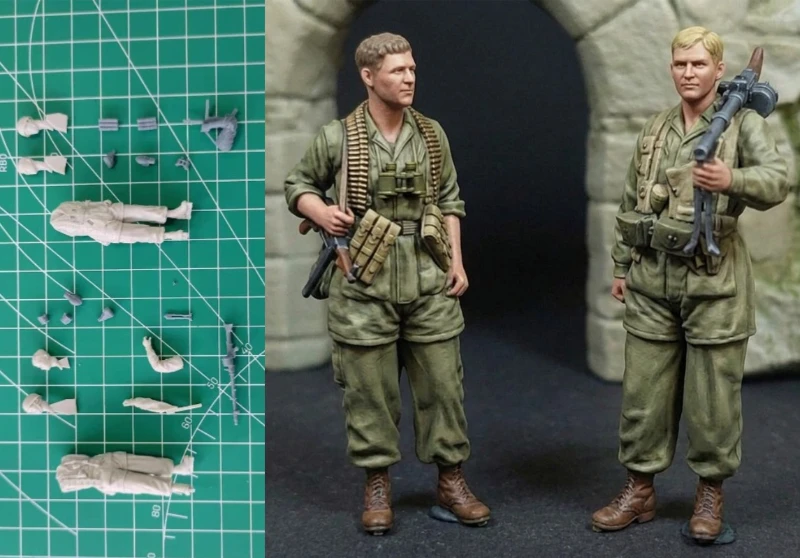 

Набор моделей из литой смолы в масштабе 1/35: Немецкий десантник с пулеметом MG34, комплект из 2 фигурок, в разобранном и неокрашенном виде.