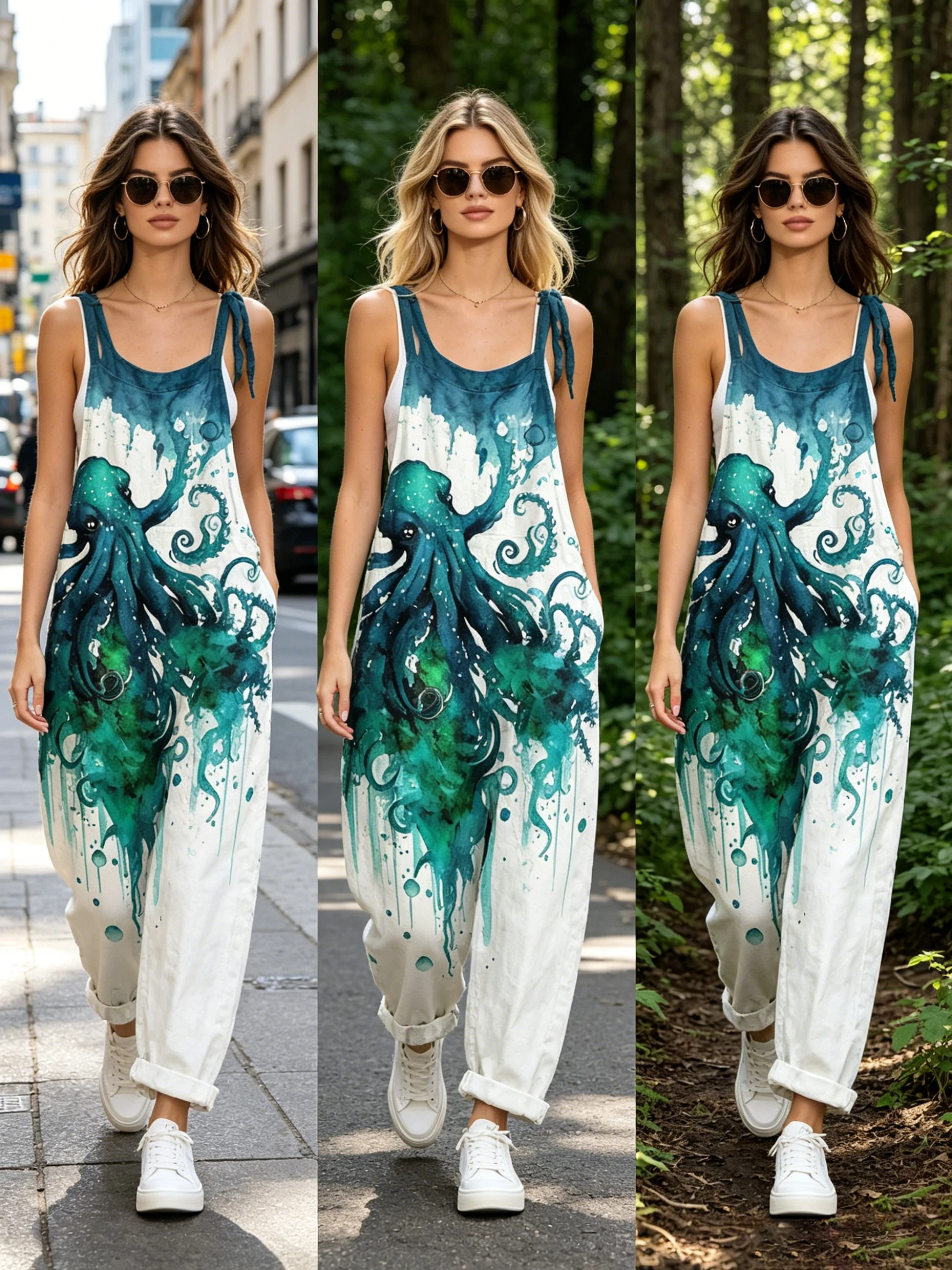 

Women Octopus Watercolor Print Sleeveless Overalls Jumpsuit Summer Loose Wide Leg Bib Pants Casual Streetwear Baggy Rompers With