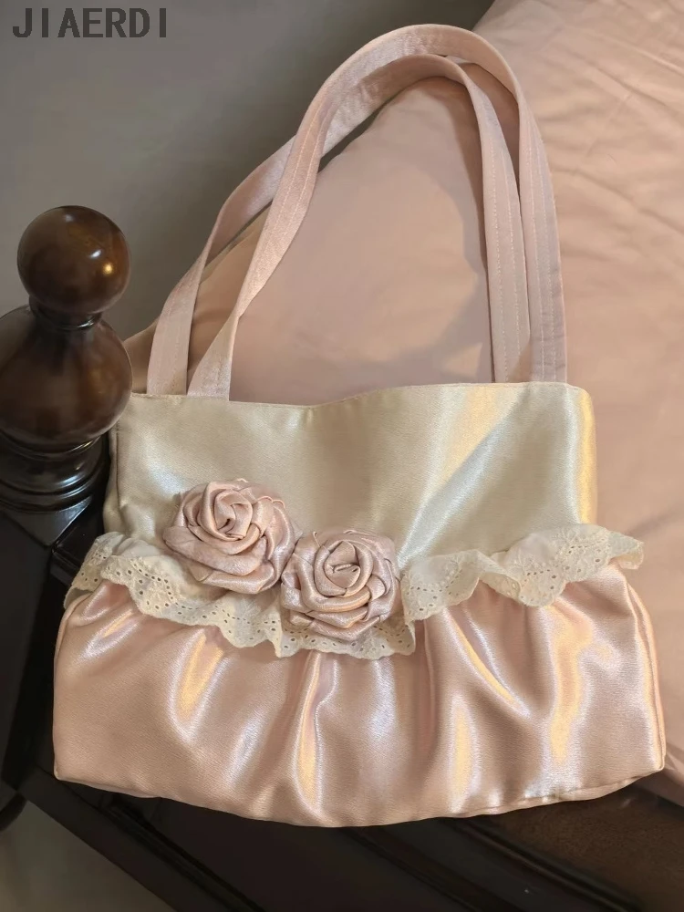 لوليتا الحرير المرقعة زهرة الورد حقيبة كتف المرأة الحلو الدانتيل التباين اللون حقيبة تحت الإبط لطيف Y2k محفظة أنيقة وحقائب اليد #3