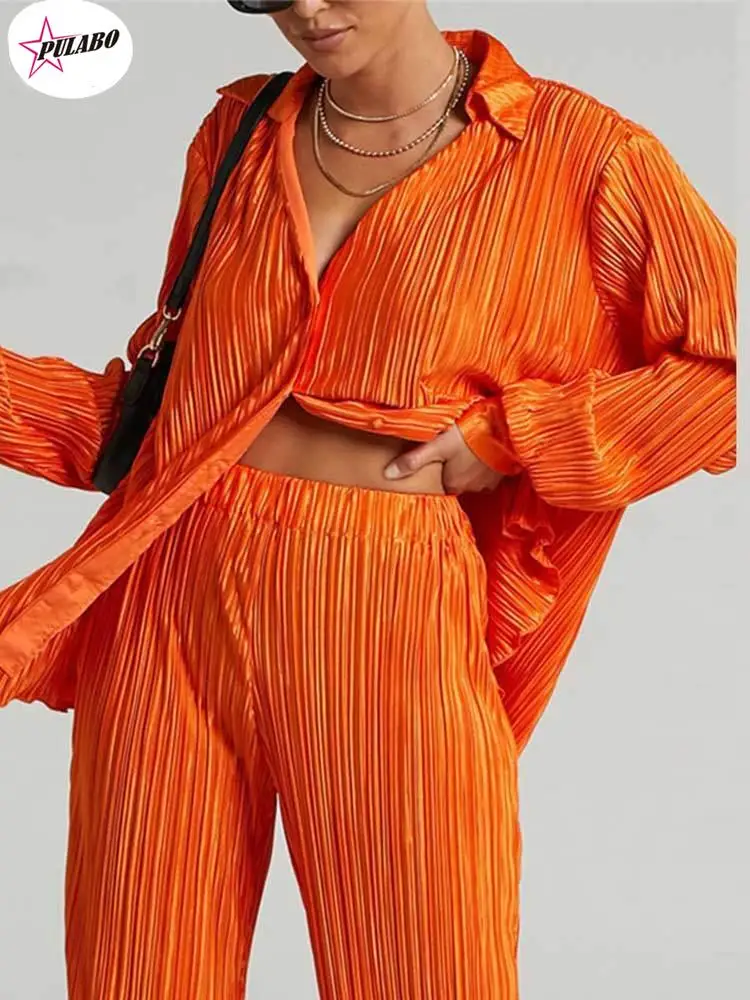 

Casual Women's Shirt Pleated Two Piece Set Green Loose High Waist Wide Leg Pants Suit Elegant Office Ladies Female Outfits