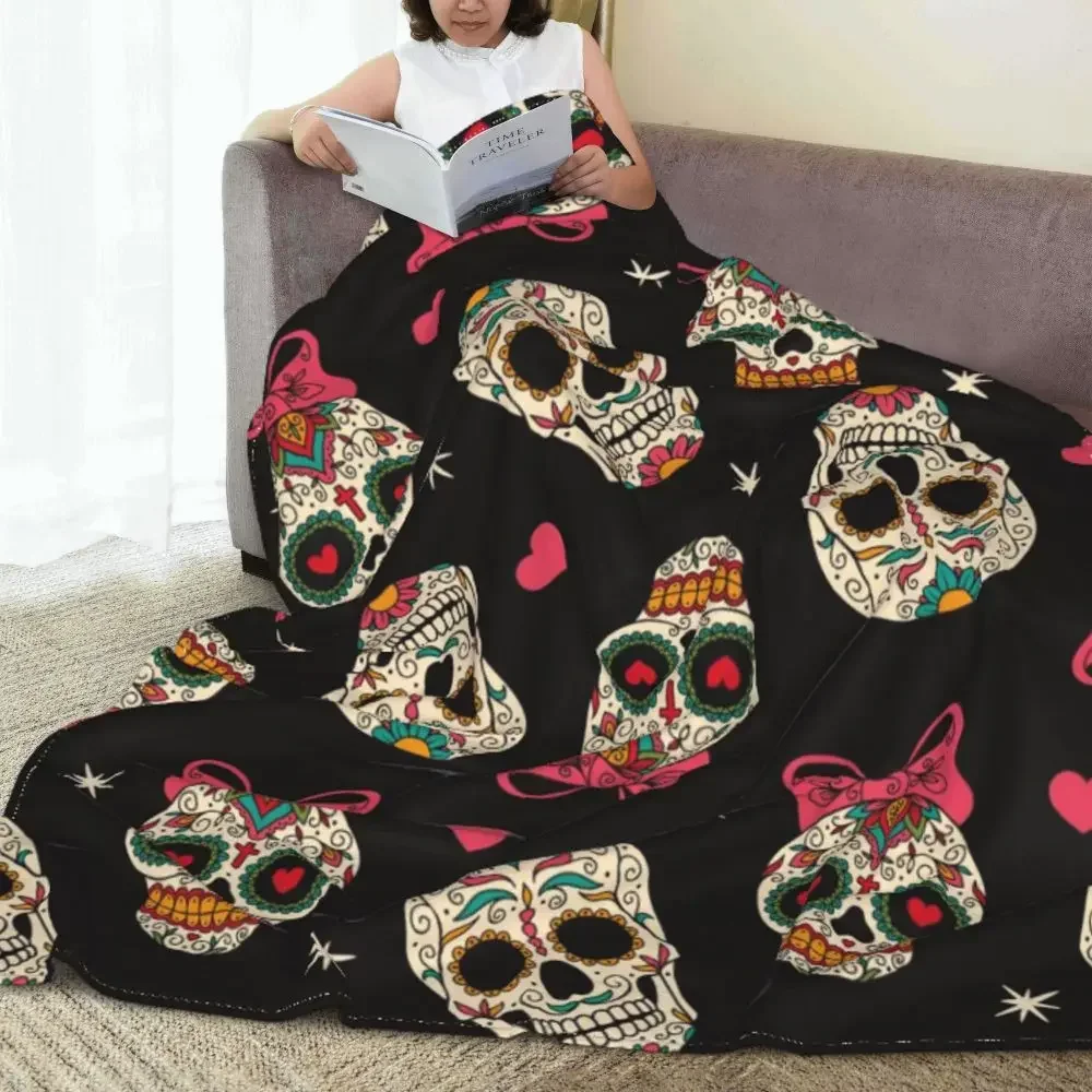 Sugar Skull Flannel Blankets Mexican Style Funny Throw Blankets for Home Bedspread for All Season Microfiber Soft Couch Blanket