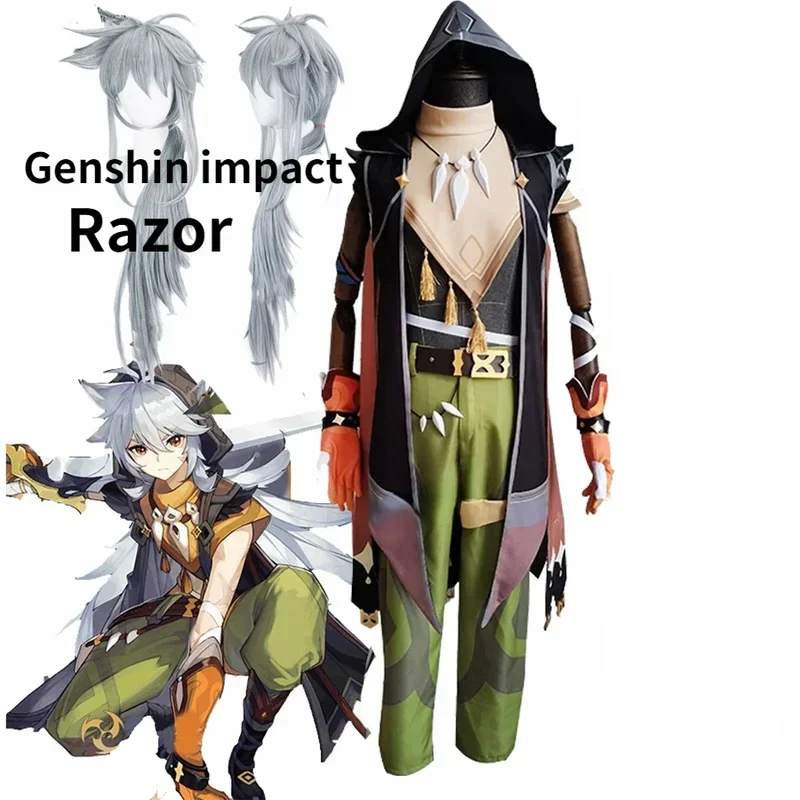 Anime Game Genshin Impact Razor Genshin Cosplay Costume scarpe collana parrucca uniforme Anime Halloween Party Outfit set completo parrucche