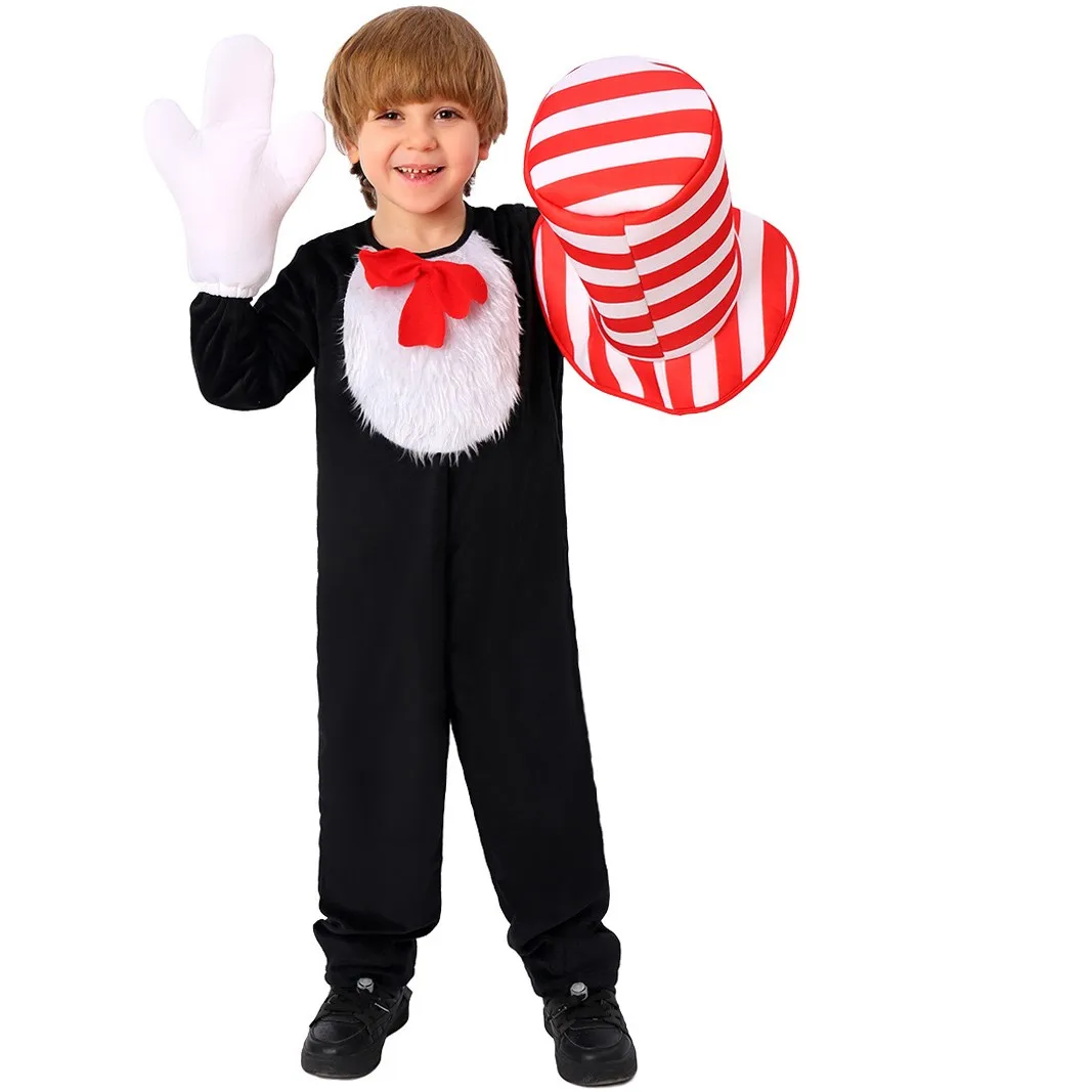 Costume de chat dans le chapeau pour enfants, haut-chapeau, tenue d'Halloween, Rick Cosplay, combinaison, gants, kit d'accessoires, ensemble Kiev illage Dr. Seuss