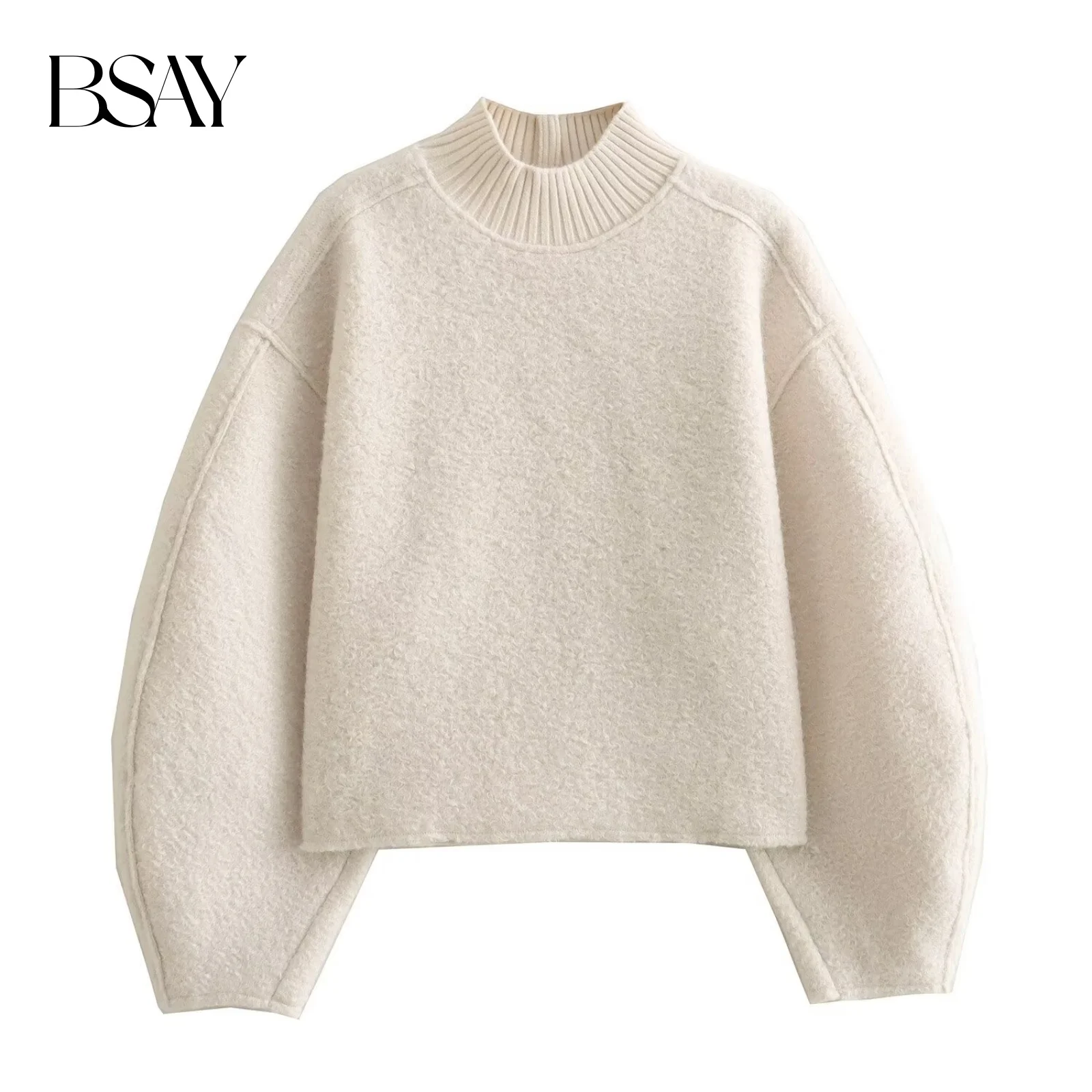 BSAY سترة نسائية موضة خريف وشتاء 2024 جديدة فضفاضة بلون سادة وأكمام طويلة وياقة ثابتة بلوفر نسائي أنيق
