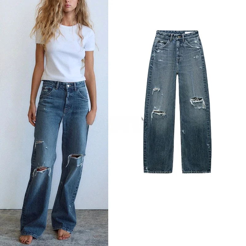 

Новинка весенней коллекции: Женские джинсы с высокой талией, свободного кроя, с эффектом потертости, премиум-класса, с длинными рукавами, круглым вырезом и застежкой-молнией