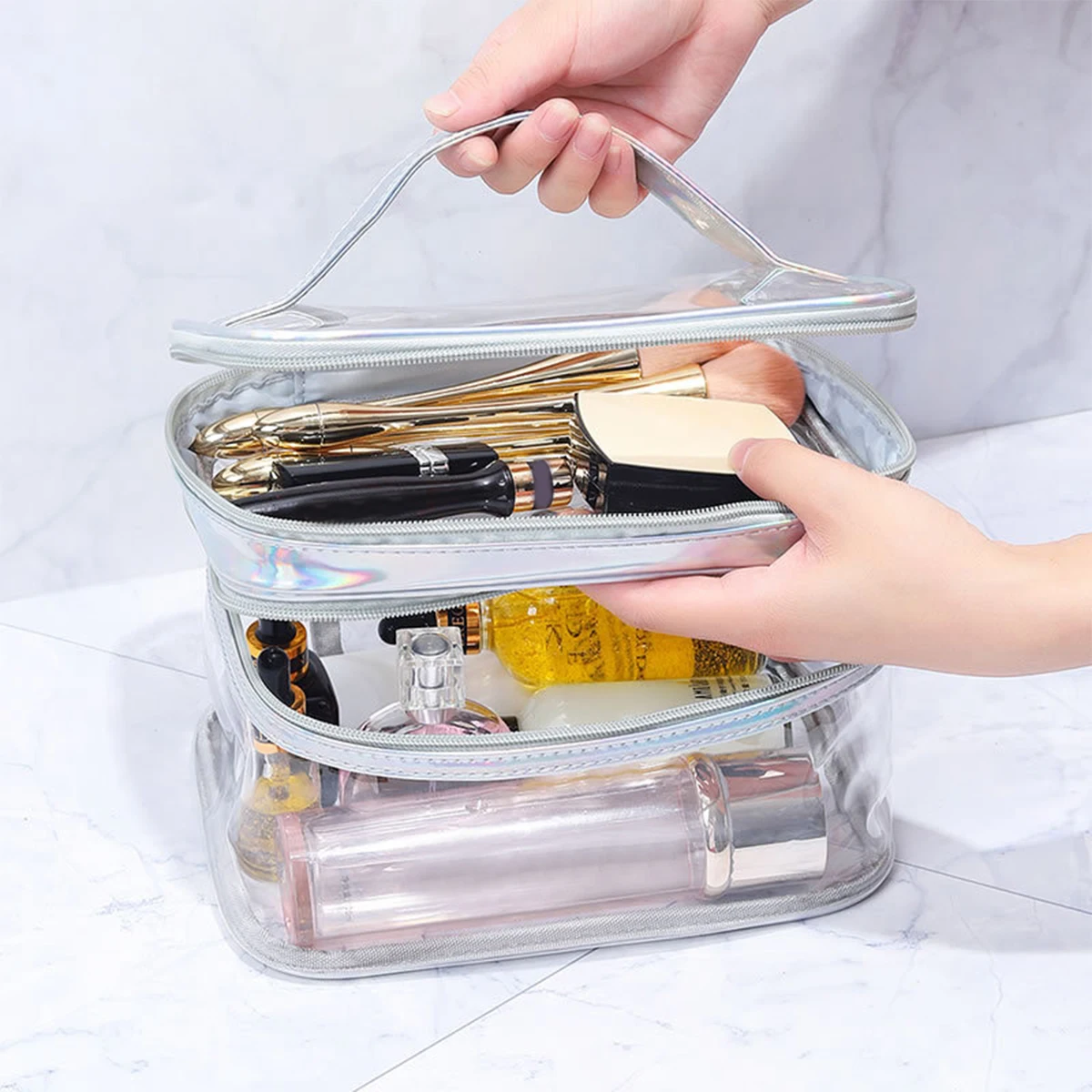 Makeup Pouch, Large Capacity, Cosmetic Pouch, Double Layer, Transparent, Clear Pouch, Large Capacity, Multifunctional