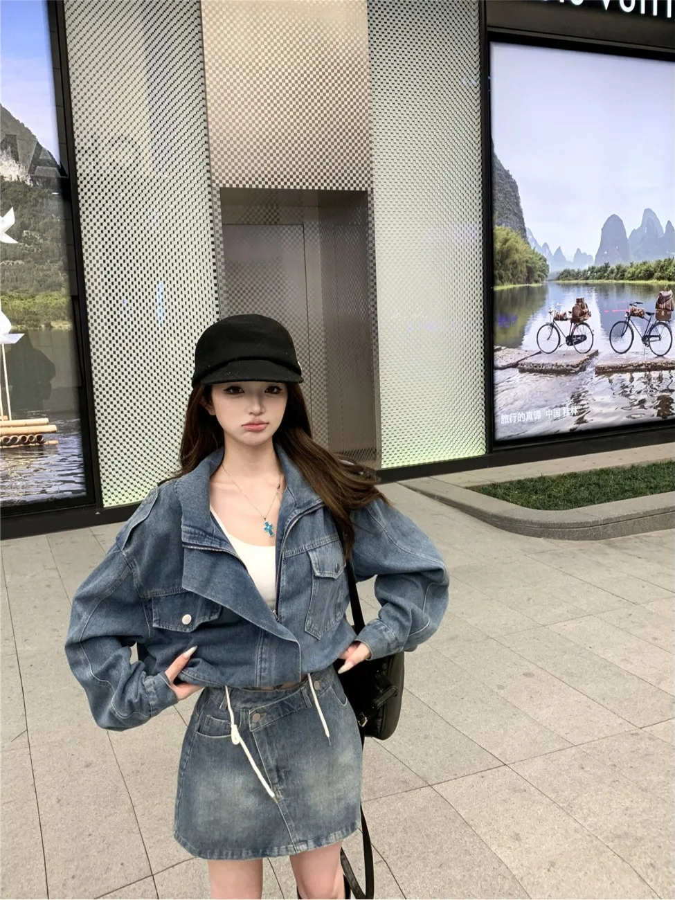 

Retro Spicy Girl Denim Set Women Spring Loose Silhouette Short Coat High Waist Bodycon Skirt Two Piece Set Fashionable