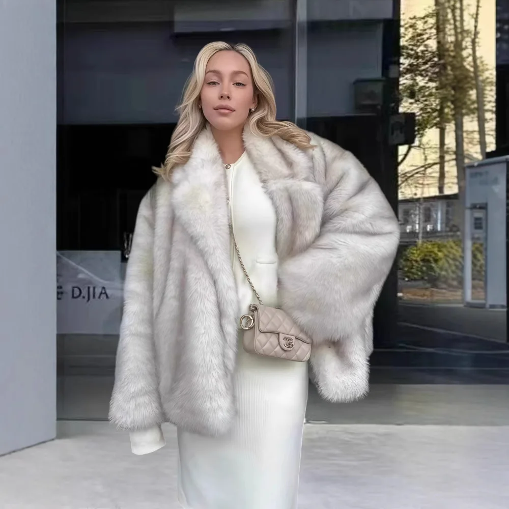 معطف فرو الثعلب ذو لون سادة ممتاز مترهل بأكمام طويلة لخريف وشتاء 2025 بياقة مقلوبة ملابس خارجية مقاومة للرياح للمكتب للسيدات #1
