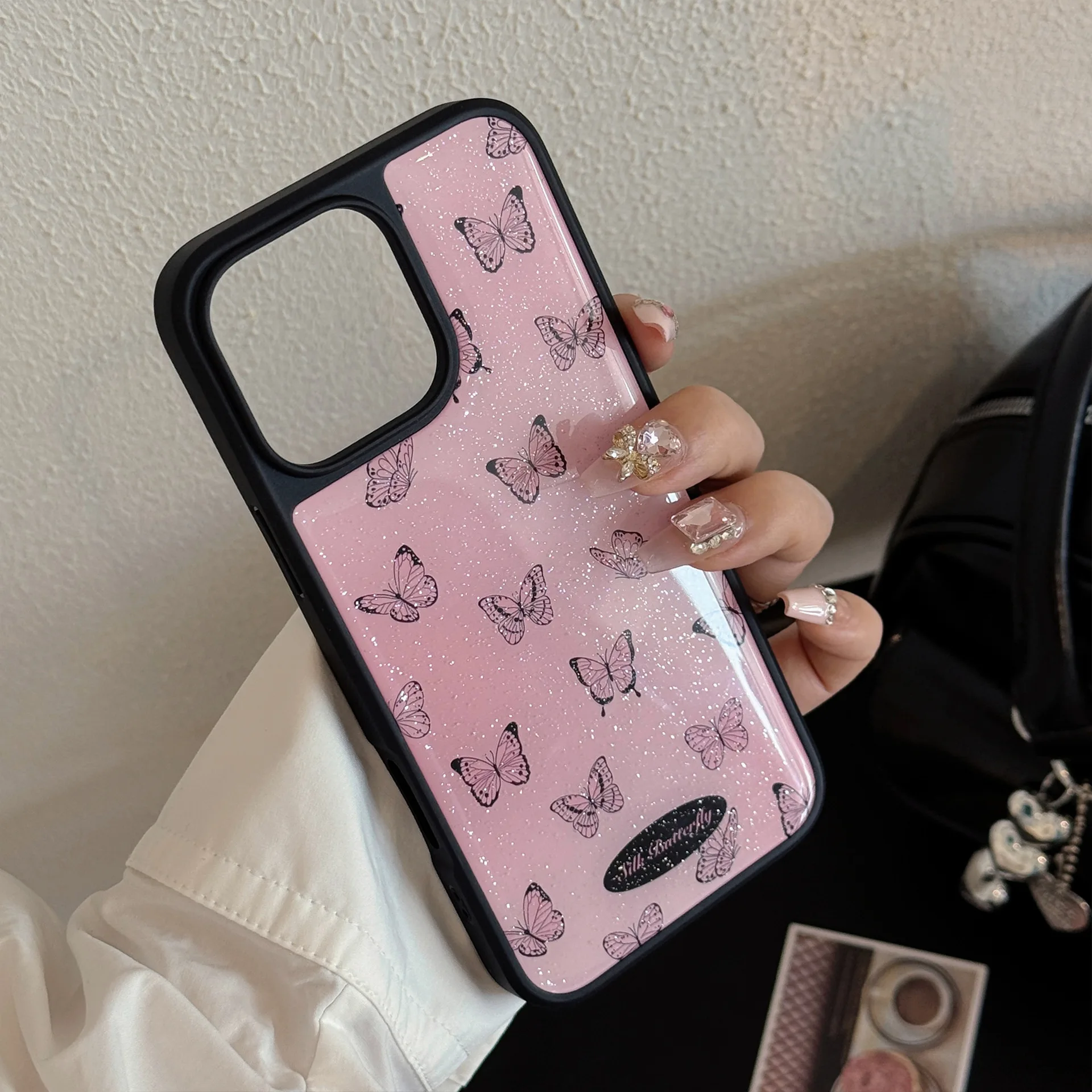 Korean Glitter Black Butterfly Pattern Drop Glue Phone Case for iPhone 17 Air 15 13 11 12 14 16 Pro Max Shockproof Hard Cover view 3