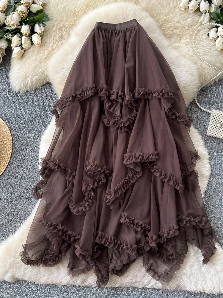 

Женская юбка-грибок, многоуровневая плиссированная однотонная юбка с оборками, эластичная трапеция с высокой талией, средней длины, стильная подкладка для отпуска, женская SK088