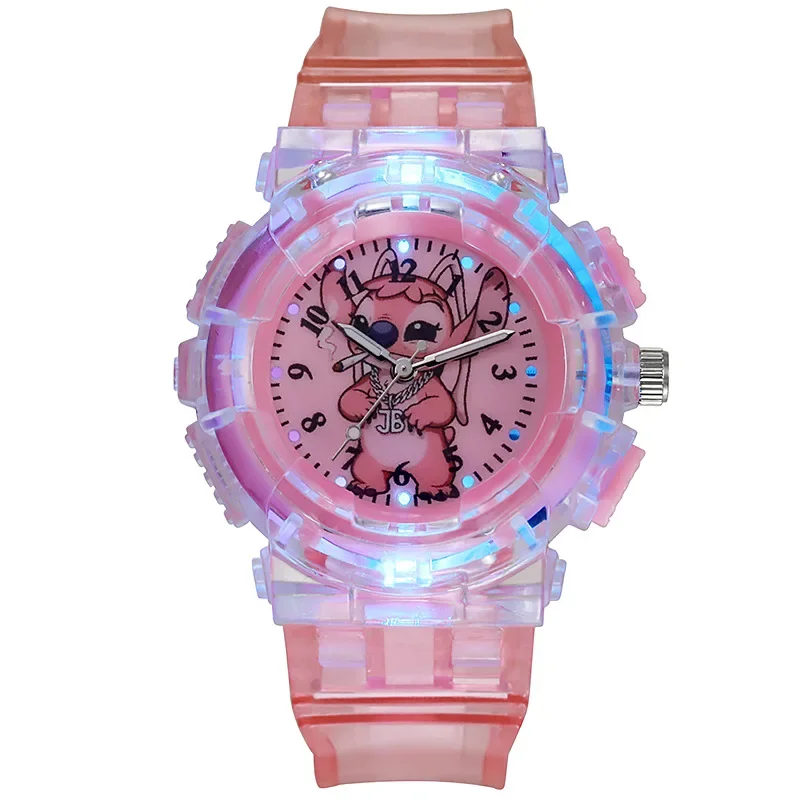Disney Stitch Angel LED Glowing Flash Children's Watch Fashion Quartz Wristwatch Kids Toys Christmas Gift