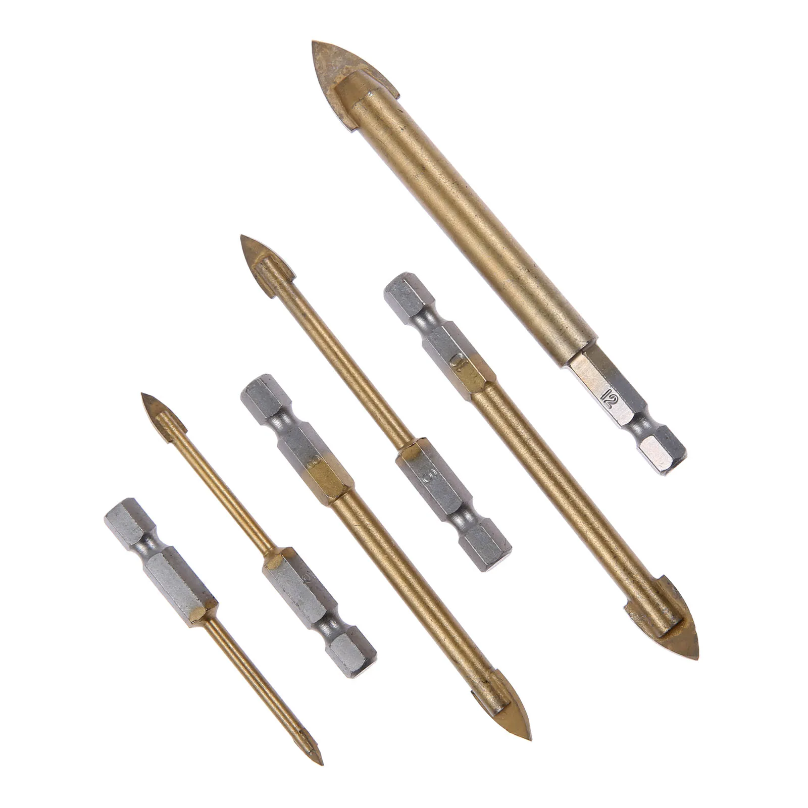 Dreld 6 pçs carboneto de tungstênio de vidro spade broca conjunto titânio revestido com 1/4 "hex shank ferramentas elétricas para perfuração de vidro cerâmica