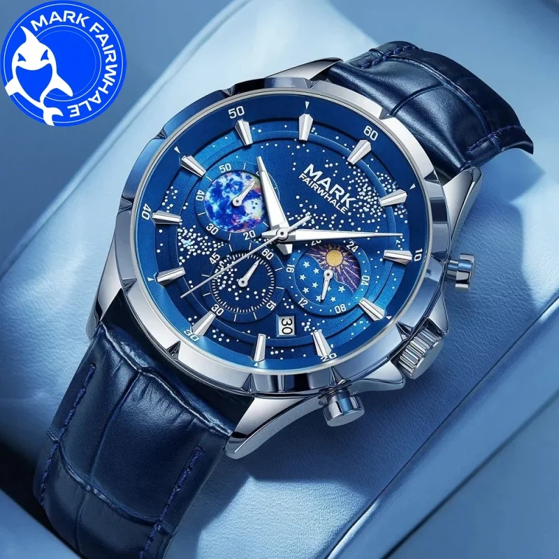 

MARK FAIRWHALE Watches for Men 5870 Trend Starry Sky Quartz Wristwatch Moon Phase Chronograph Waterproof Men Watch Reloj Hombre