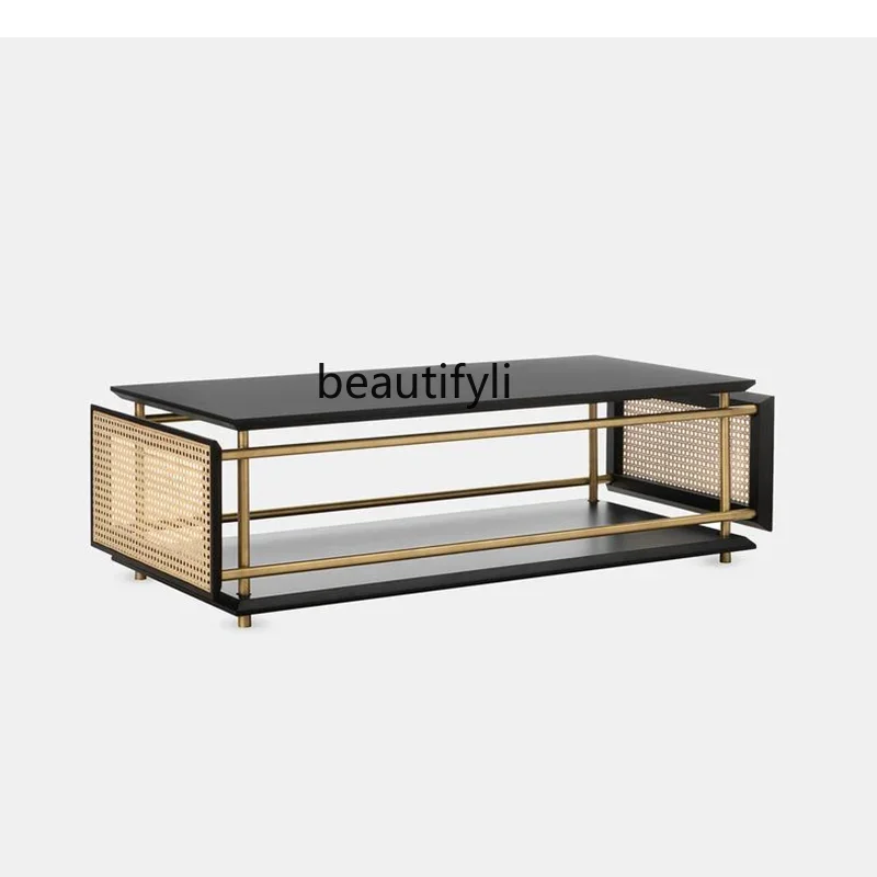 

ss8350 creative retro designer metal rattan solid wood coffee table living room long large coffee table rattan art small side ta
