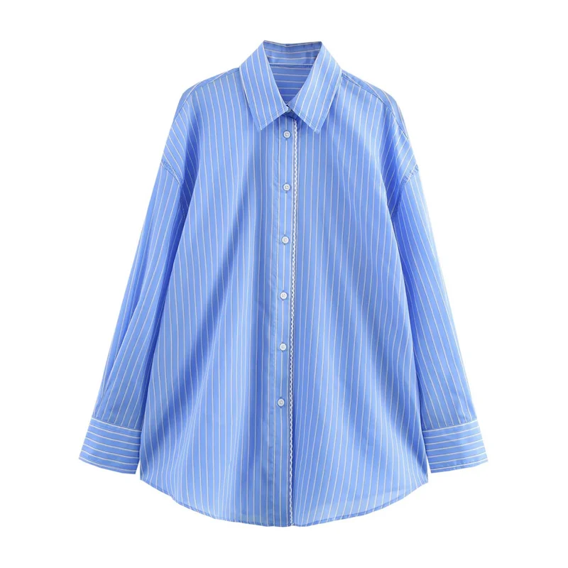 

Woman Shirt Long Sleeve Blue Stripe Shirts Top Spring 2025 Office Casual Shirt Women Cropped Elegant Button Up Blouse Tops