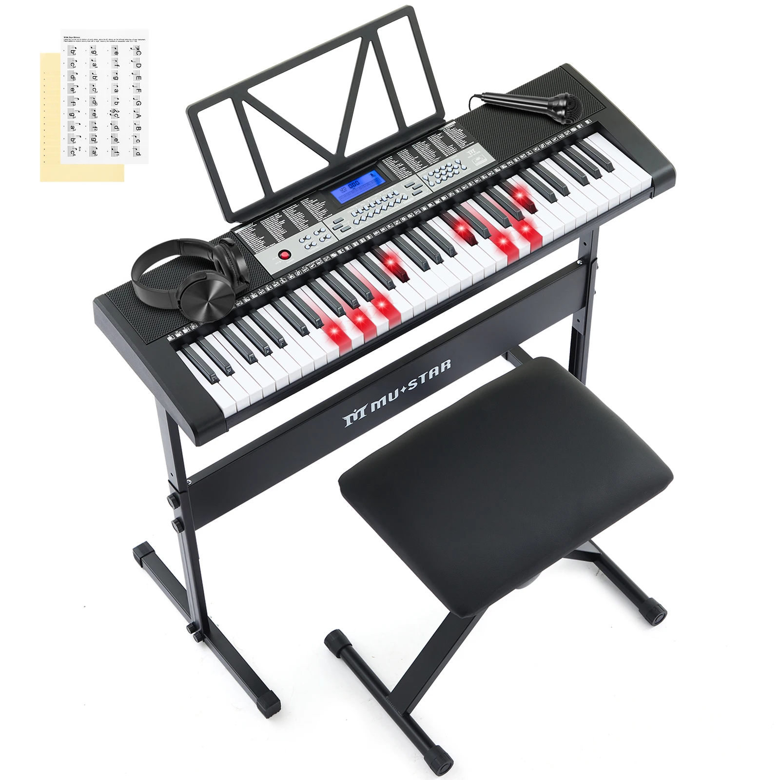 Piano Keyboard with Lighted Up Keys - MUSTAR 61 key piano keyboard is specially designed with lighted up function, it will give light hints during the process 255 Tones/Rhythms, Smart Learning System, Headphone, Microphone, Keyboard Stand, Stool, Stickers