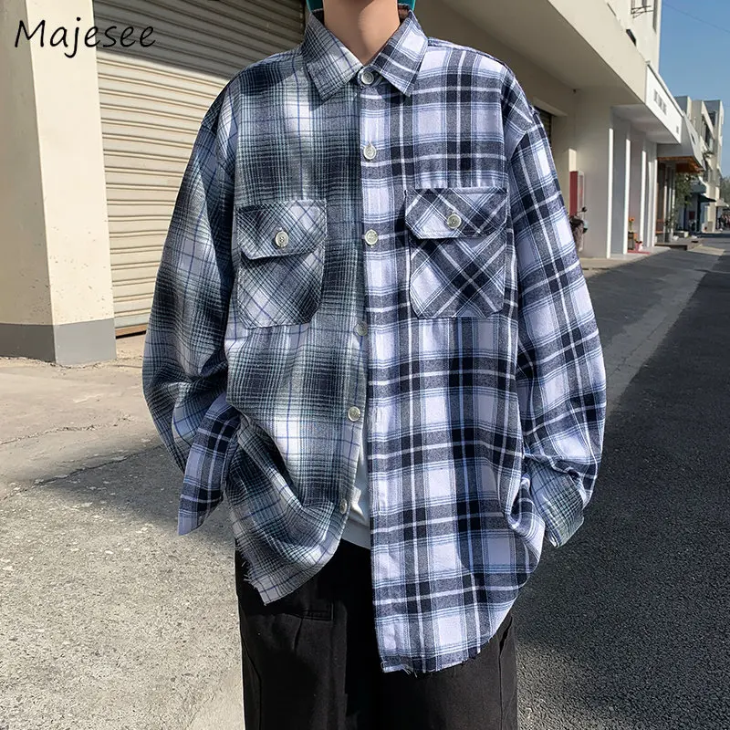 

Shirts Men Plaid Baggy Casual All-match Harajuku Tops Chic Fashion Embroidery Handsome Teens High Street Clothing Camisas Spring