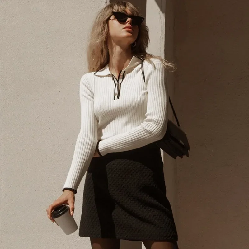 Pop Autumn Knitted Pullover Women's Long Sleeve Patchwork Sweater Top Tight Bottoming Colorblock Lapel Knitted Pullover Top