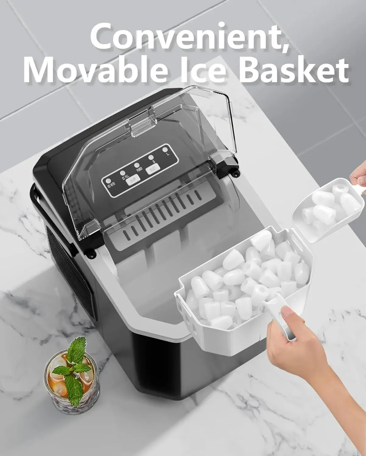 Portable Countertop Ice Maker with Convenient Carry Handle, Efficient Self-Cleaning Ice Machine Includes Basket and Scoop, Produ