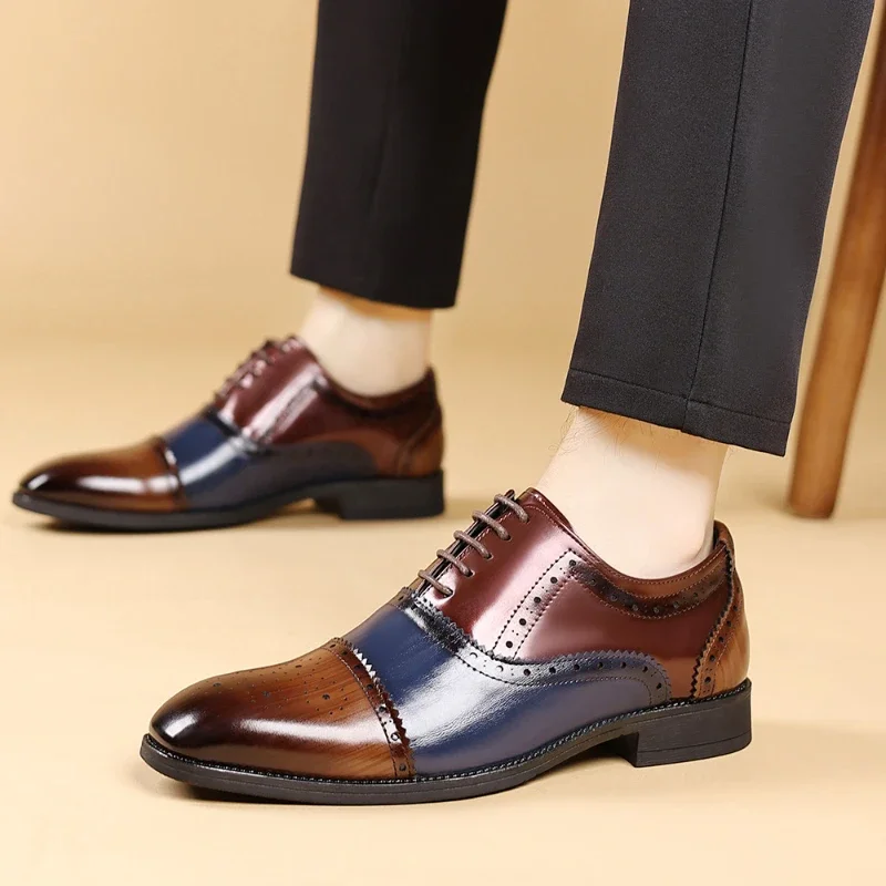 Luksusowe męskie buty Brogue Square Toe Mixed-Colors Men Dress Shoes Business Office Flats Eleganckie męskie buty ślubne na imprezę Duży rozmiar — zdjęcie 4