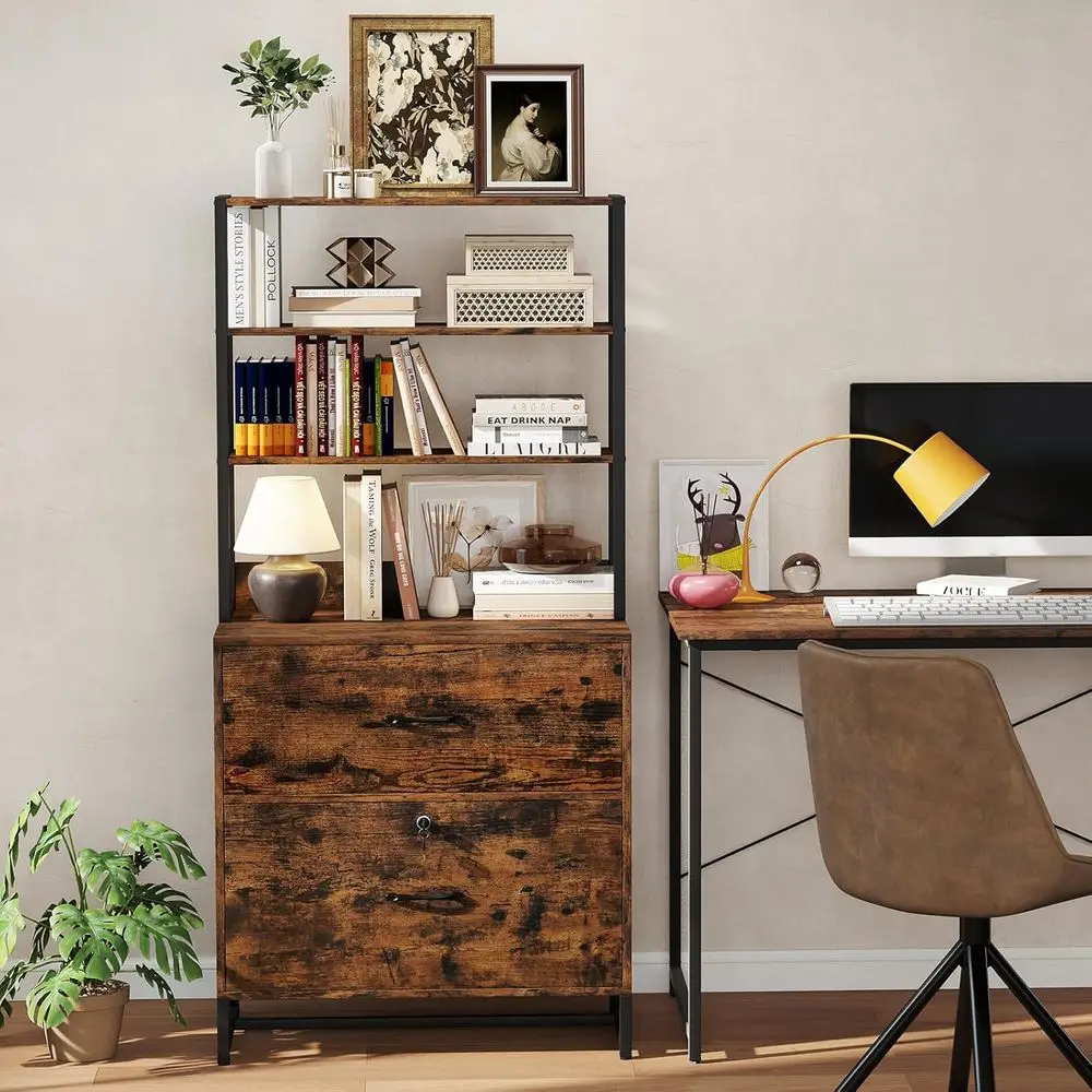 Industrial Style Lateral File Cabinet with Open Shelves and Anti-Tip Feature, Rustic Brown Printer Stand