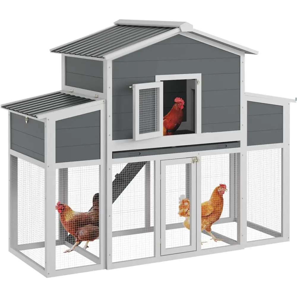 

Outdoor Chicken Coop for 2-6 Chickens with Run and 2 Nest Boxes, Weatherproof Hen House, 66L x 32W x 53H