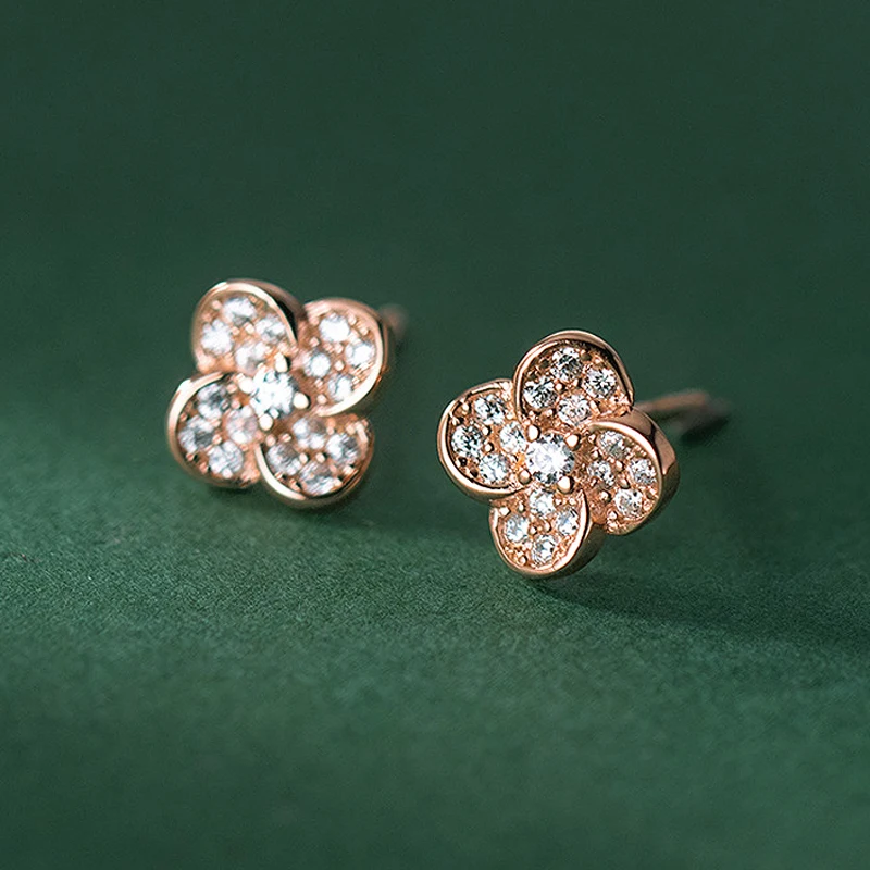 S925 sterling silver Four Petal Flower Stud Earrings for Women Simple Elegant Ear Accessories Cubic Zirconia Girls Jewelry Gifts