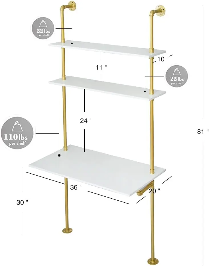 36 Inch Wall Mount Ladder Computer Writing Desk, White and Gold Industrial Pipe Narrow Work Table with Storage Shelving, 36