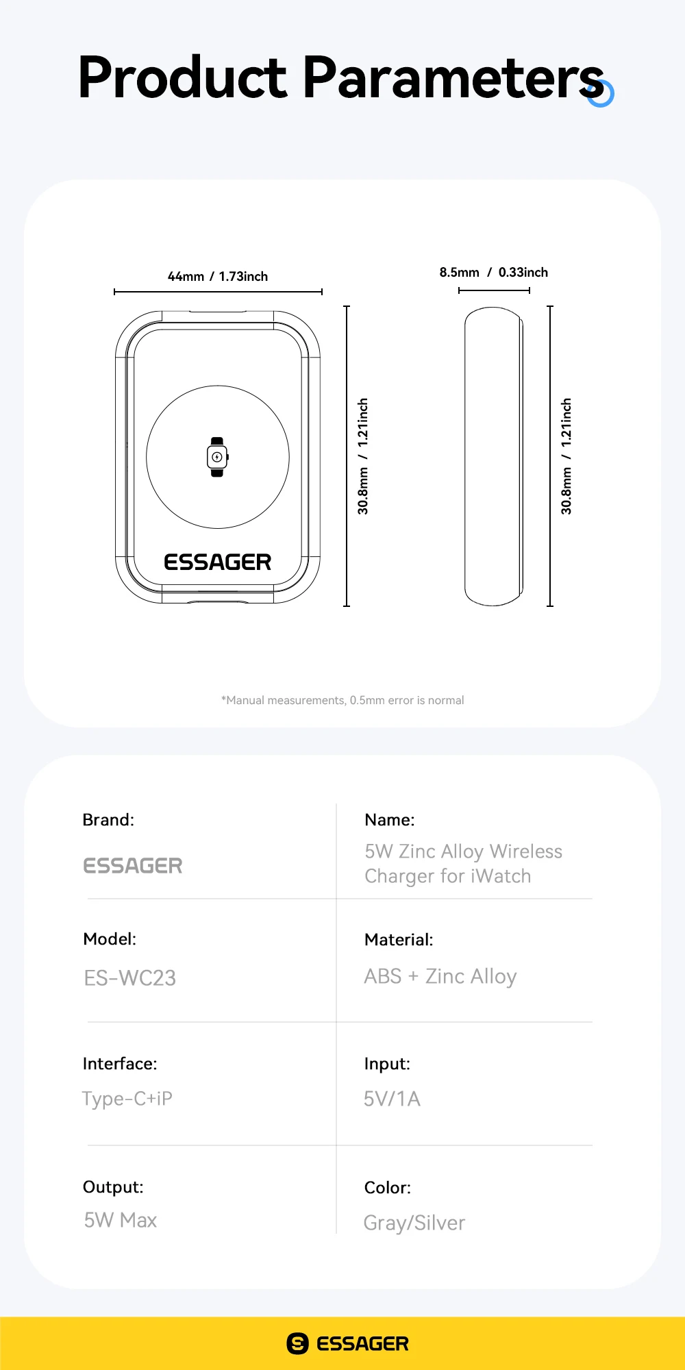 Essager Magnetic Wireless Watch Charger For iWatch S2-S11 Series SE Series Ultra Series 5W Portable Type-C/Lighting WatchCharger