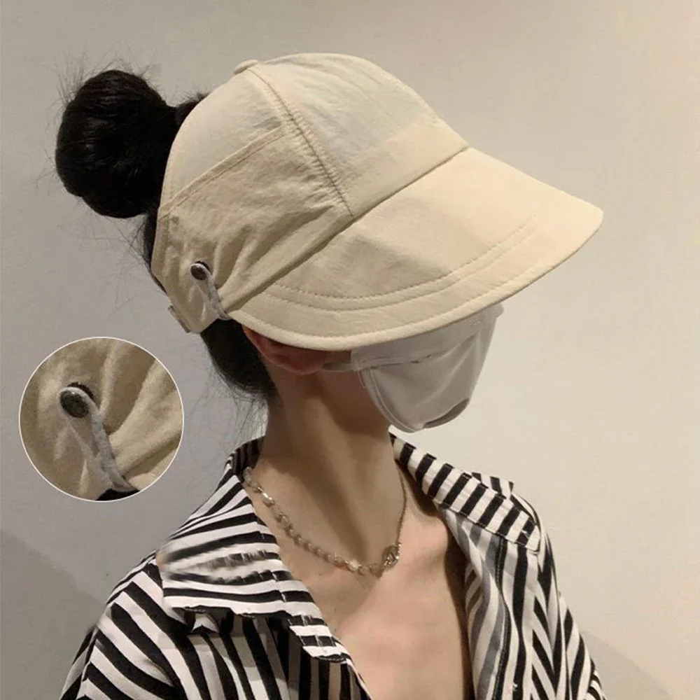 Summer Adjustable Wide Brim Sun Hats Women Bucket Hats Outdoor Beach Sun Visors Ponytail Fisherman Caps Quick-dry Baseball Caps