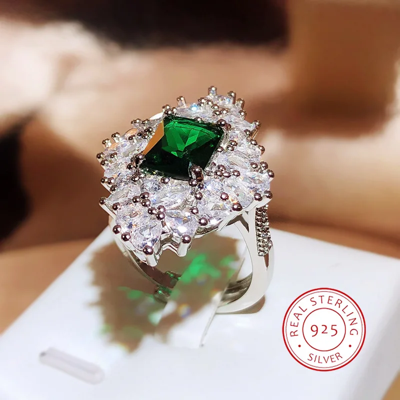 Luxury Classic Green White Full Diamond AAAA Ring High Quality Color-free Ladies Jewelry 925 Silver Birthday Party Gift