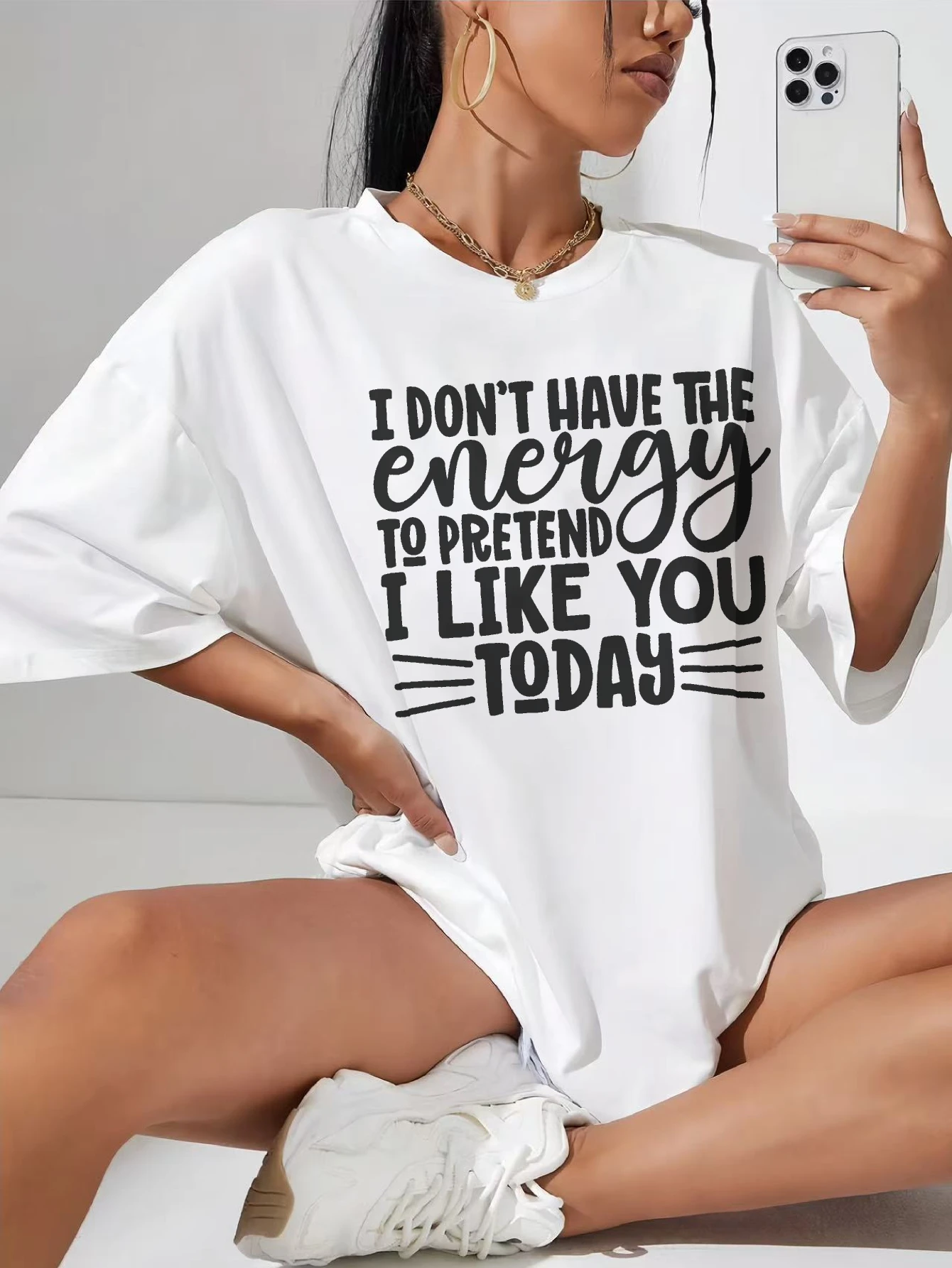 

I Don't Have The Energy To Pretend I Like You Today Loose Fit White T-Shirt for Women Perfect for Maternity Casual Summer Days
