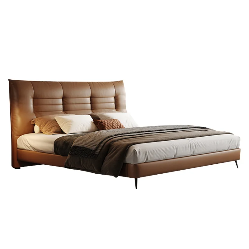 

Italian light luxury first ayer cowhide leather bed, modern simple small apartment high PC and console game bed