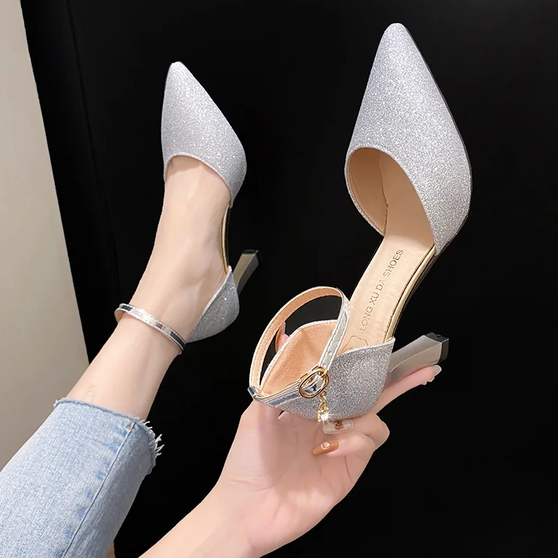 Bling Gold Silver Women Pumps 2023 Sexy Point Toe Thin Heel Party Wedding Shoes Womens Summer Ankle Strap 8cm High Heels Shoes