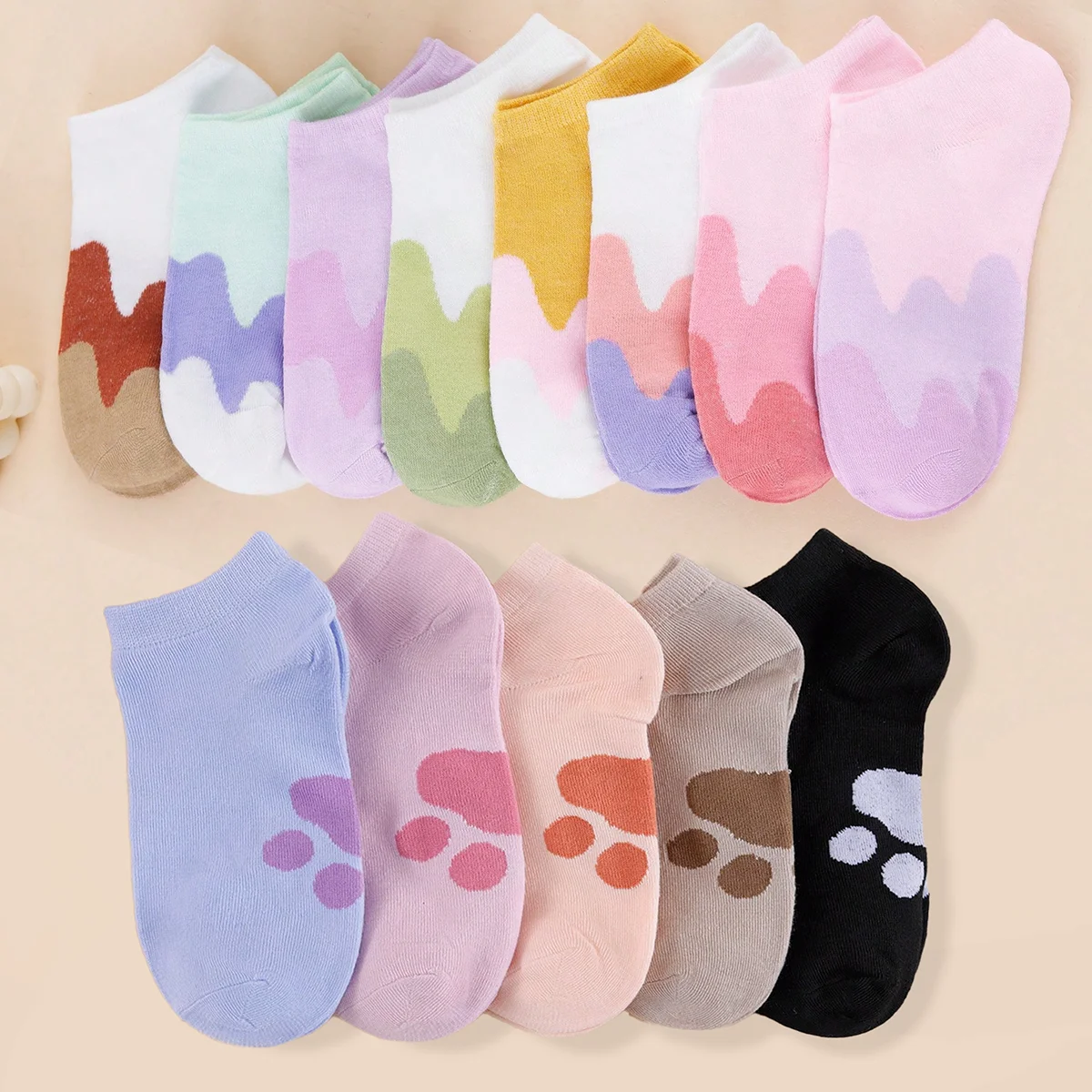 1/4/5/8/10/15 Pairs Random Women Wave Color Block No Show Socks, Soft Breathable Simple Casual Invisible Socks