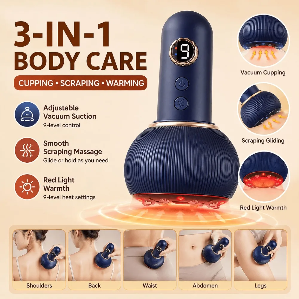 Electric Scraping Cupping Massager Wireless Vacuum Guasha Tool with Red Light Heating 9 Heat Levels 9 Suction Levels for Body