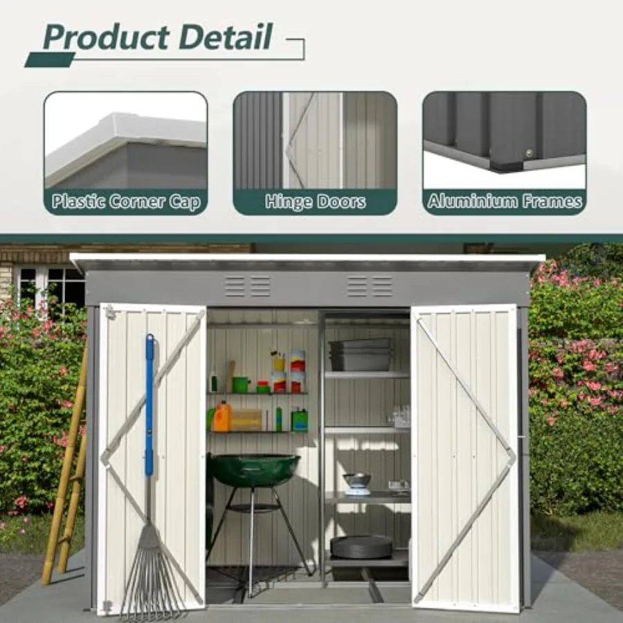 Cobertizo de almacenamiento para exteriores de 4x8 pies con base de suelo, cobertizo de metal con puerta bloqueable y 2 salidas de aire, casa de herramientas de jardín para todo tipo de clima con marco actualizado