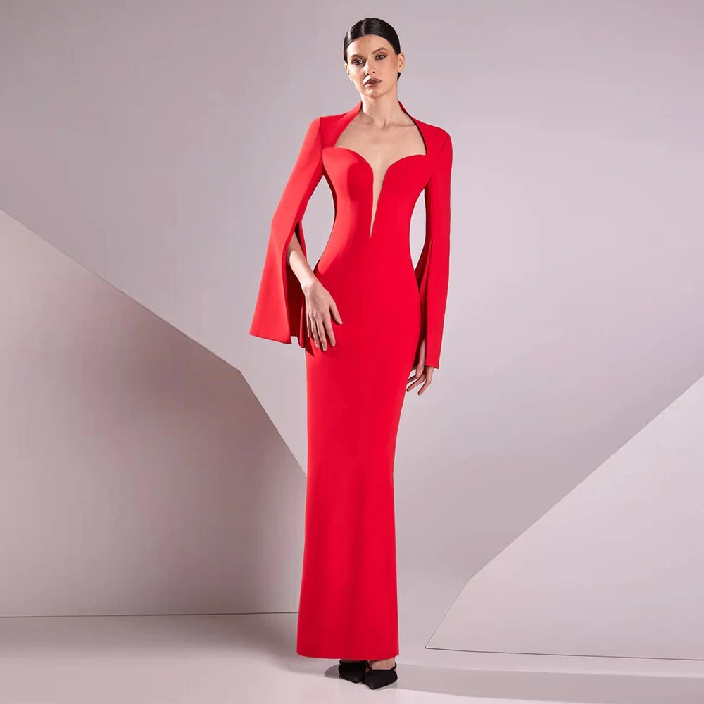 

Wedding Guest Dress Women Red Jersey Flare Sleeve Column Square Neck Midi Dresses Formal Dress Women Elegant 2024