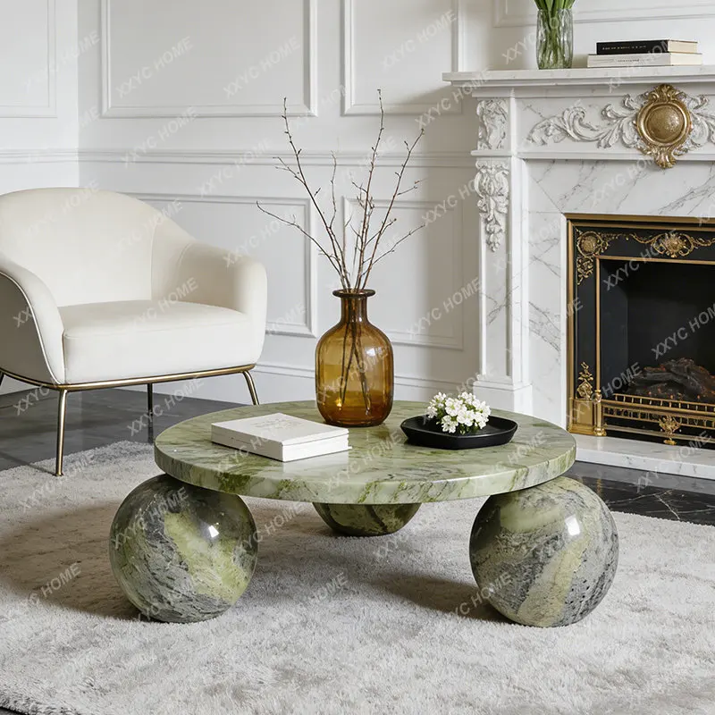 Minimalist ancient green natural marble round coffee table light luxury living room home coffee table