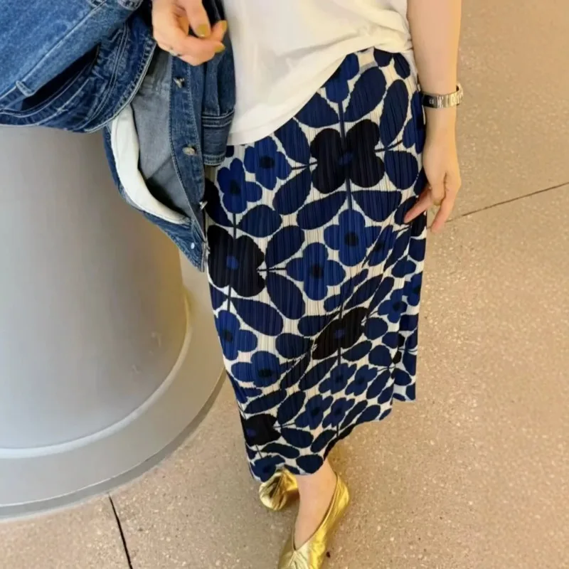 

Miyake Pleated Printed Skirt Plisse Unique 2026 Summer New Side Slit Printed Pleats Jupe Casual and Versatile Fold A-line Skirt