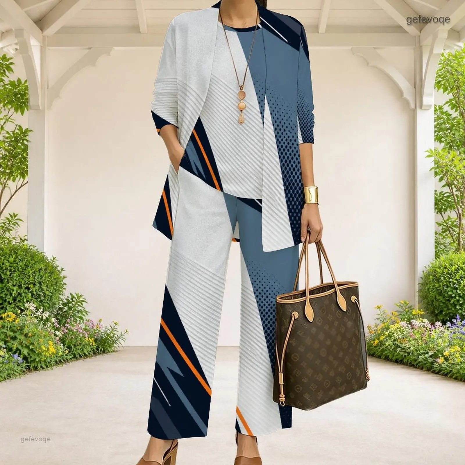 Women Radial Geometric Printed 3 Piece Pants Set 3/4 Sleeve Cardigan Sleeveless Top Long Pants Black White Orange - view 4