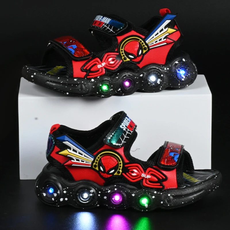 Disney Children Led Light Sandals Boys Cartoon Spiderman Beach Shoes Anti-slip Kids Outdoor Shoes Toddler Soft Bottom Sandals