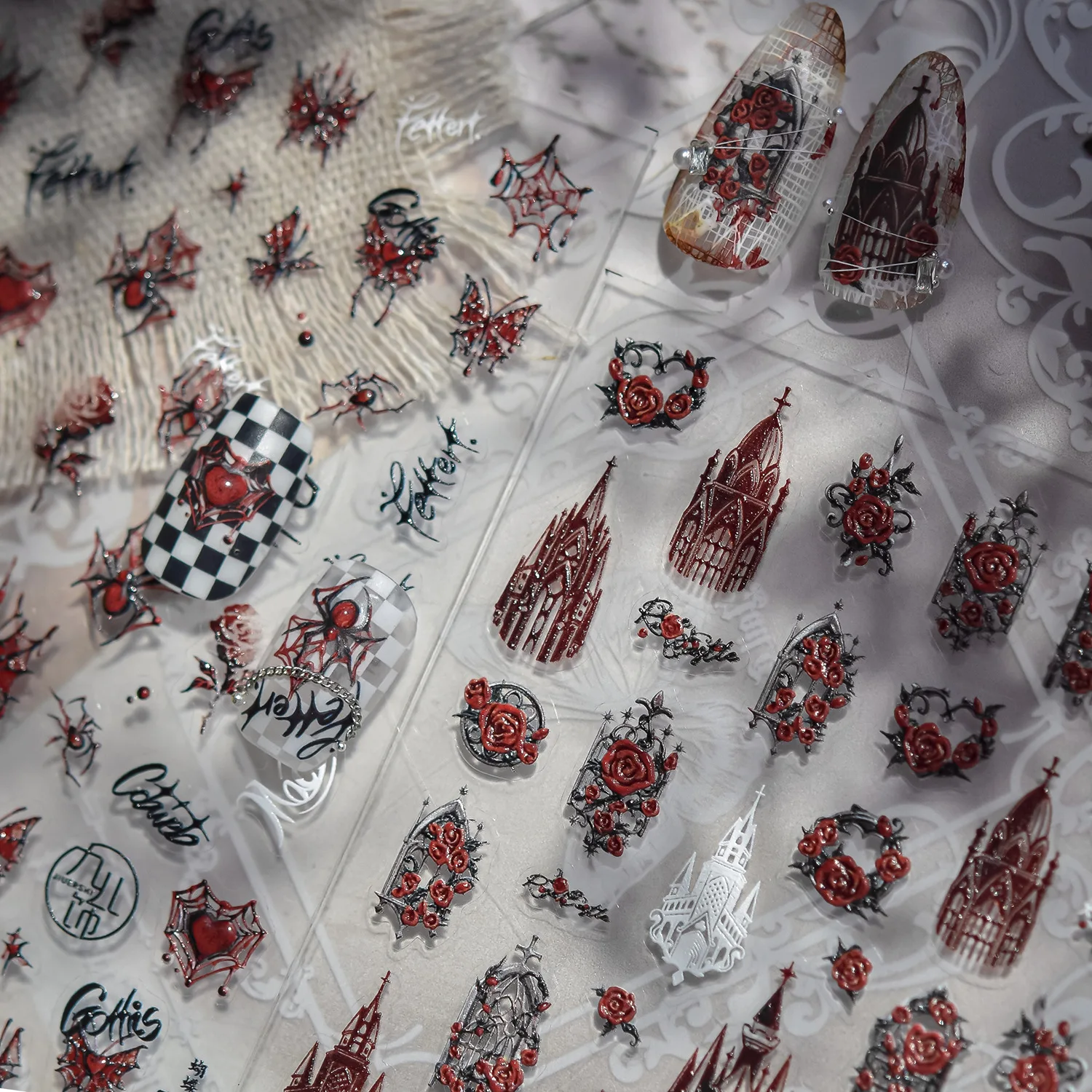

5D Embossed Dark Blooding Red Butterfly Spider Web Gothic Church Castle Nail Art Stickers Decals Manicure Halloween Charms