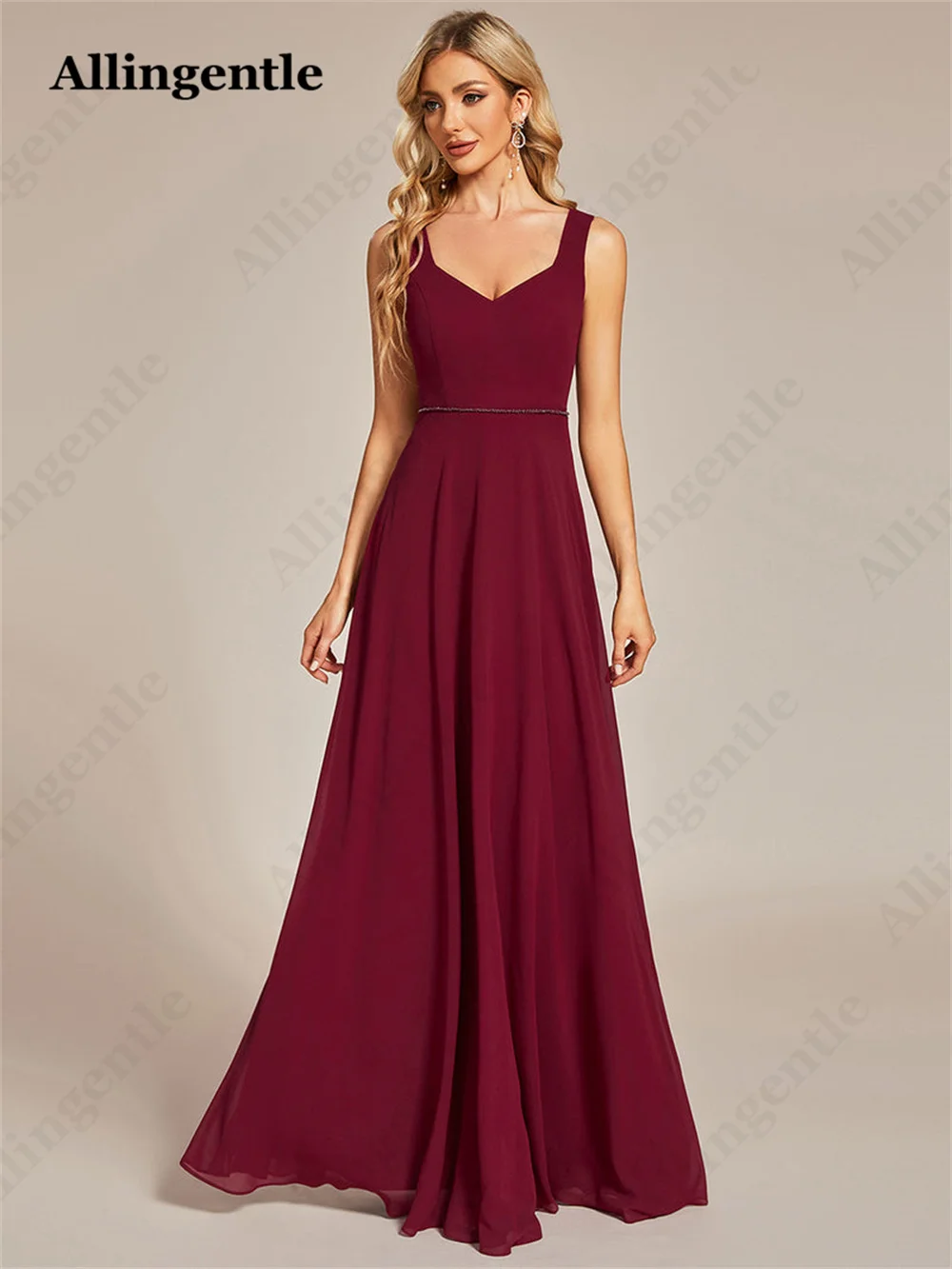 Allingentle Burgundy Elegant Bridesmaid Dress Backless Bow Design Sleeveless A-Line Prom Formal Gowns Floor Length Custom Made