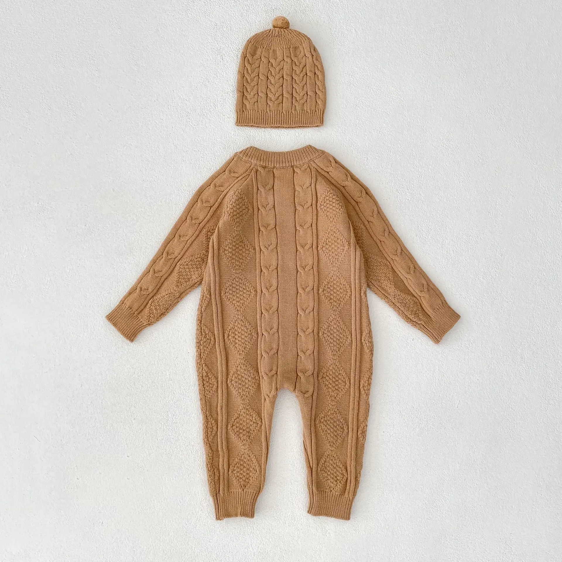 

2025 Cable Knit Baby Romper Jumpsuit with Hat Neutral Color Outfit for 0-24M Newborn Boys Girls Autumn Warm Knitted Romper Set