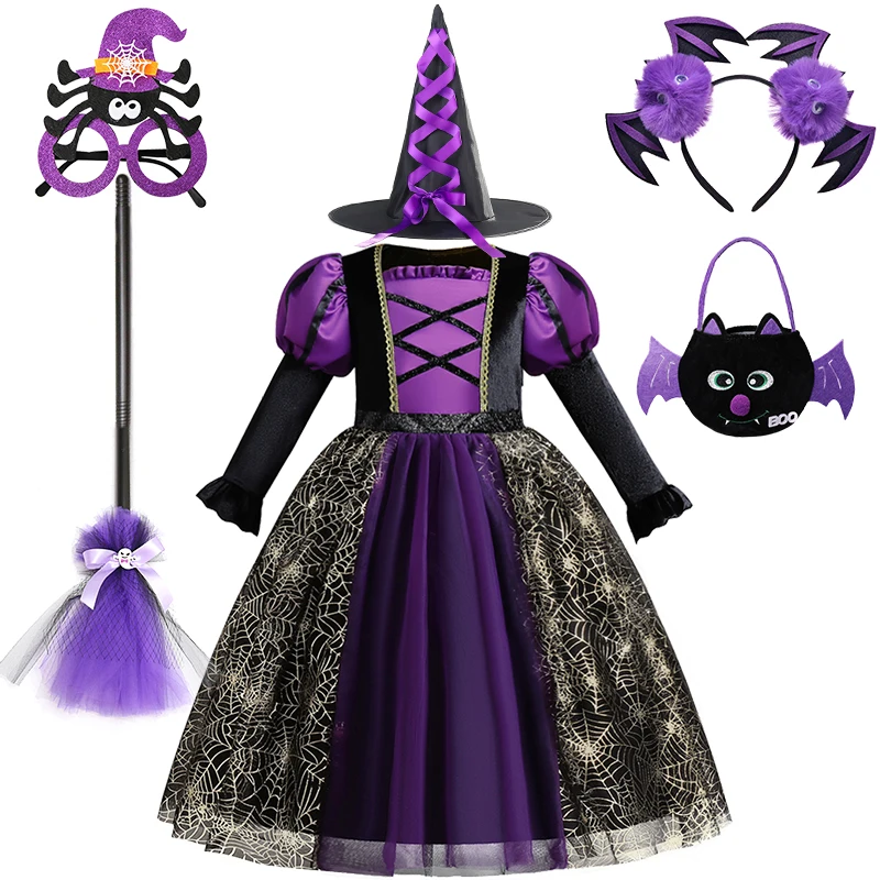 Girls Halloween Cosplay Masquerade Party Evil Ghost Vampire Shiny Spider Web Witch Costume Carnival Children's Performance Dress